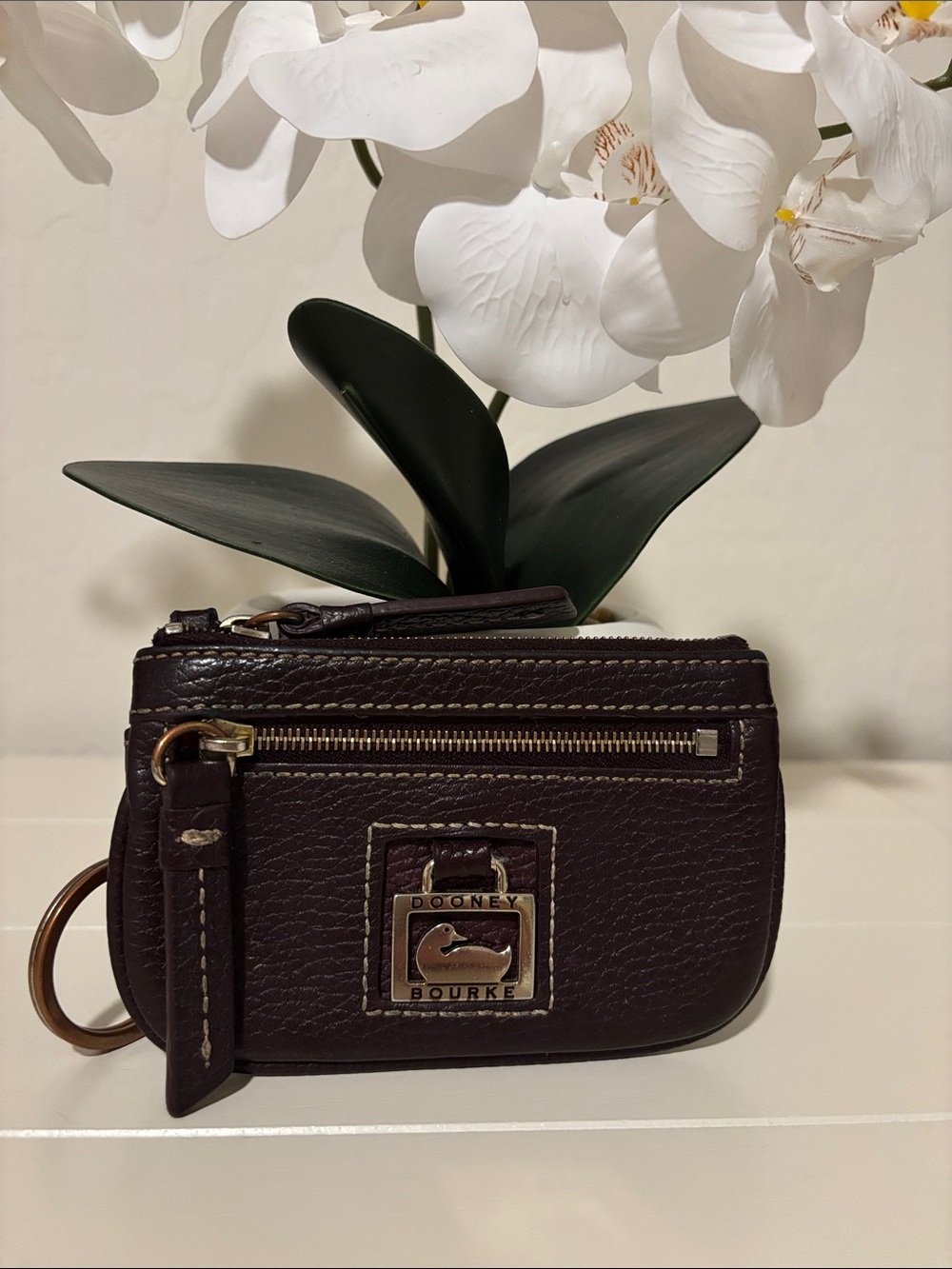 Dooney & Bourke Dark Brown Pebbled Leather Zip Coin Pouch